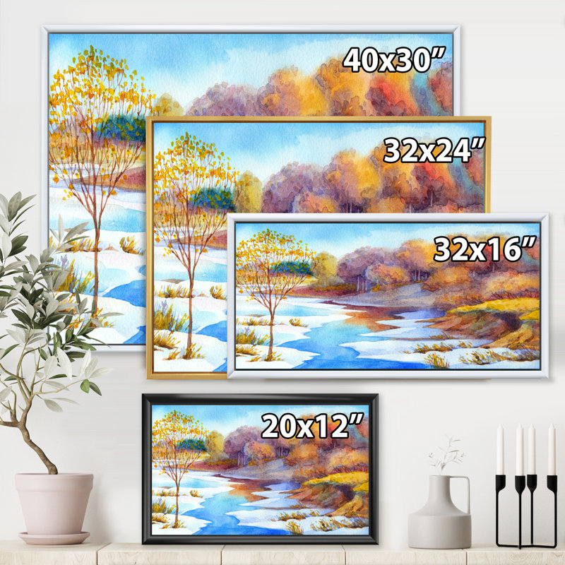 Stream in Winter Forest Valley - Peinture sur toile, H 12 po x l 20 po x p 1 po, Toile avec cadre noir