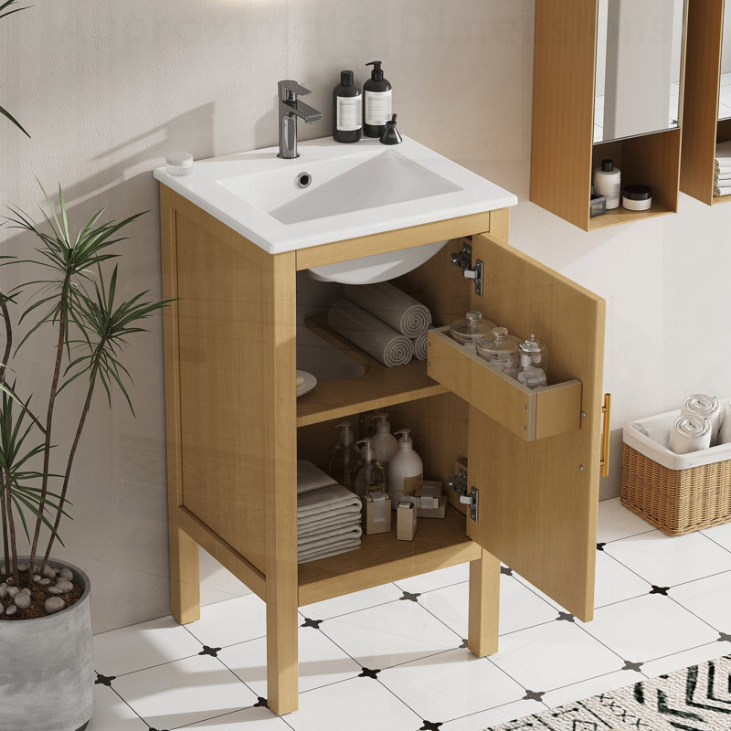 Bathroom Cabinet with Storage, Small Space Solution with Ceramic Sink, Adjustable Shelf, Soft-Closing Hinges