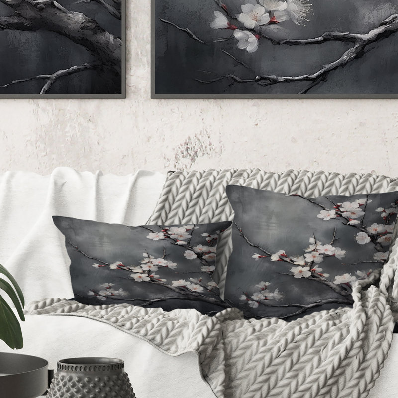 Coussin Cherry Blossoms - blanc sur 20 nuances de gris