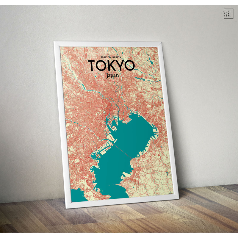« tokyo city map », reproduction d’impression sur affiche en tricolore, H 17 po x l 11 po