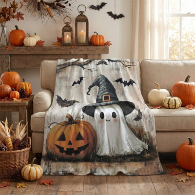 Halloween Flannel Blanket Throw,Branches Bat Pumpkin Goblin Hallowmas Soft Fuzzy Plush Cozy Fleece Blankets for Couch Sofa Bed Decor, Ideal Gifts for Adults 60x80