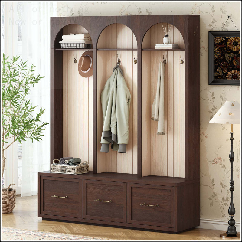 Arched Wooden Hall Tree with 8 Hooks and Drawers, Dark Walnut