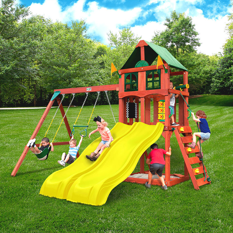 Sweetwater Cedar Wooden Playset with Dual Yellow Slides and Swings