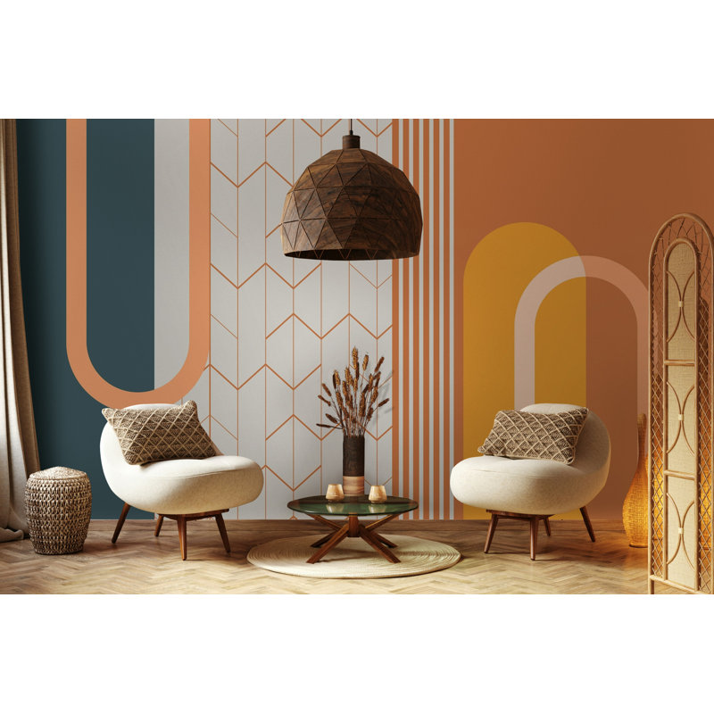 Papier peint géométrique rétro arche bleu sarcelle et orange, L 106 po x l 187 po
