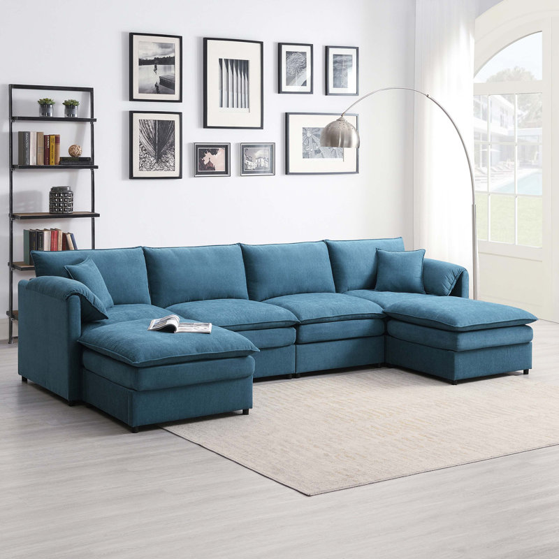 Canapé-lit à 6 places avec repose-pieds, meubles d'intérieur surdimensionnés pour le salon, Chenille bleu
