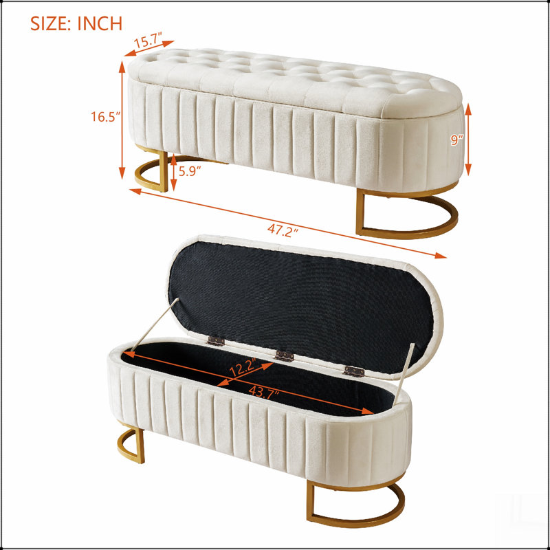 Elegant Upholstered Velvet Storage Ottoman with Button-Tufted,Storage Bench with Metal Legs for Bedroom,Living Room,Fully Assembled Except Legs,