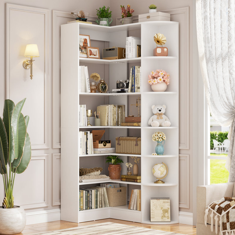 6 Tiers Corner Bookshelves With Baffle, 71" L-Shaped Bookcase With Open Storage, White