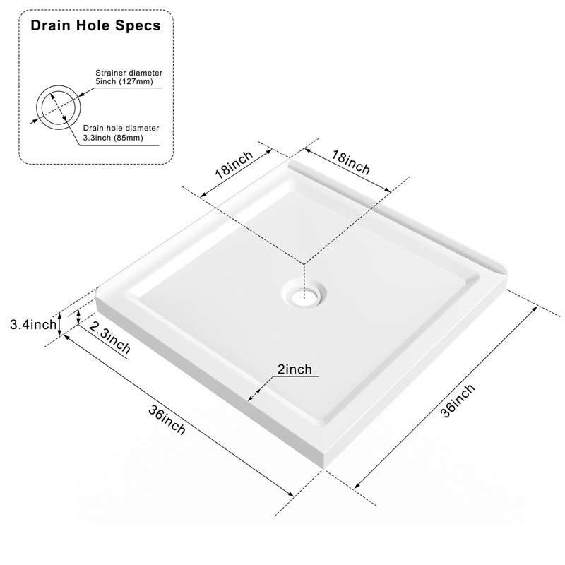 36"X36" Shower Base 3.3" Height Anti-Slip Acrylic Center Drain Double Threshold Shower Basin In White, White