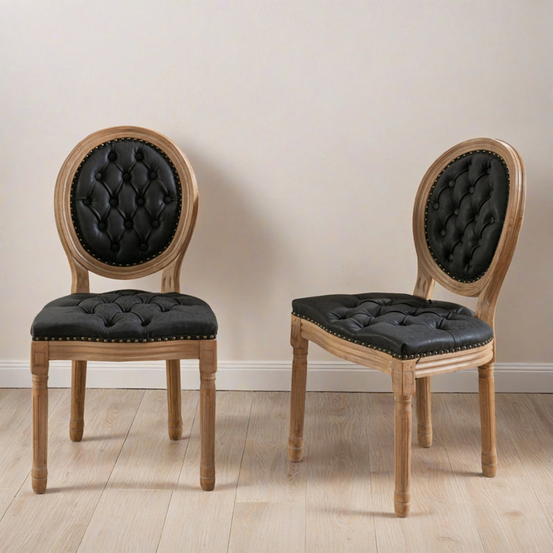 Chaise d'appoint rembourrée capitonnée 19,71 "avec garniture cloutée et dossier très grand Louis, ensemble de 2, Noir