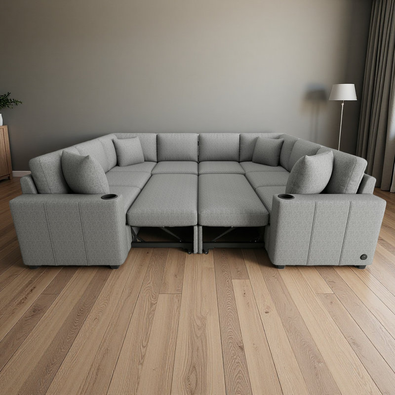 Canapé-lit modulaire en U 108,7 po avec ports USB et porte-gobelets - Canapé-lit moelleux en chenille avec 4 coussins décoratifs pour le salon