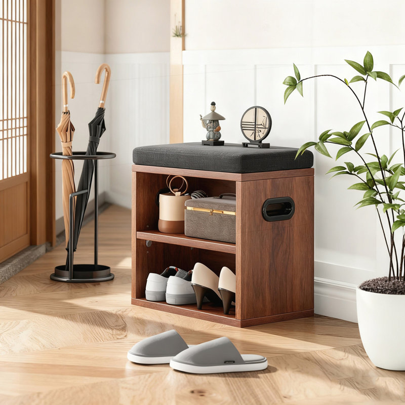 4 Pair Shoe Storage Bench, Walnut/Dark Gray