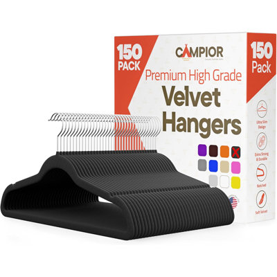 Paquet de 150 cintres en velours noir - Crochet pivotant à 360 °, cintres antidérapants et peu encombrants, capacité de poids de 11 lb - Finition en velours lisse pour des vêtements sans plis et une organisation sans effort