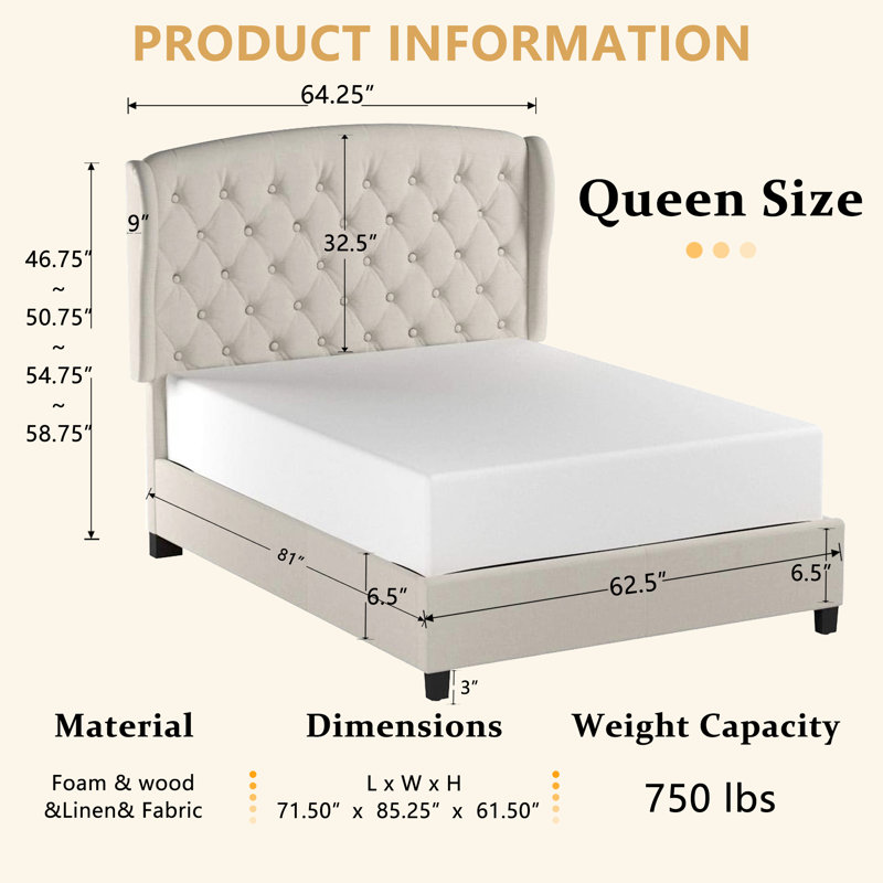 Lit tapissier en tissu, base de lit à hauteur réglable capitonnée, Grand, Beige
