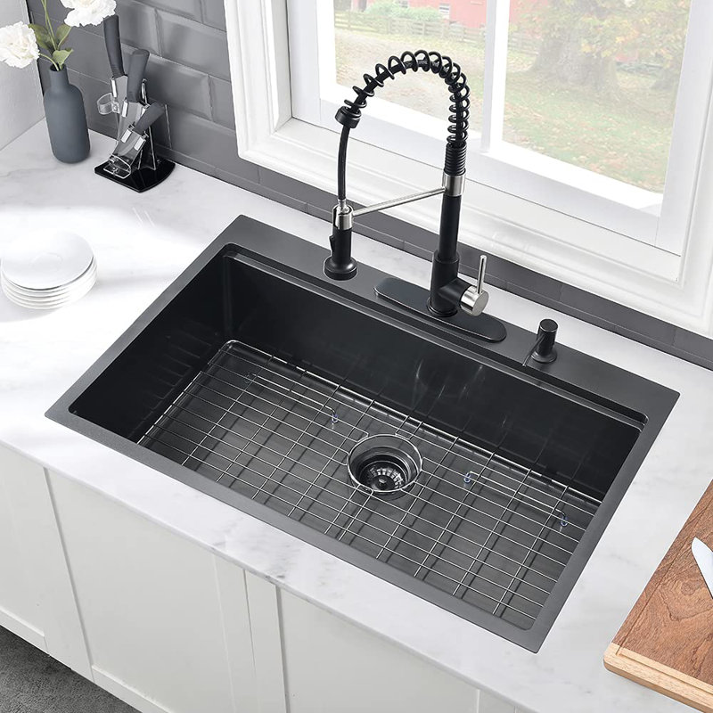 33'' L Single Bowl Stainless Steel Kitchen Sink, Gunmetal Black