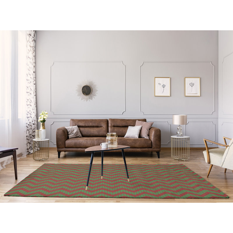 Tapis à chevrons fait main vert/rouge, Rectangle 8 pi x 10 pi