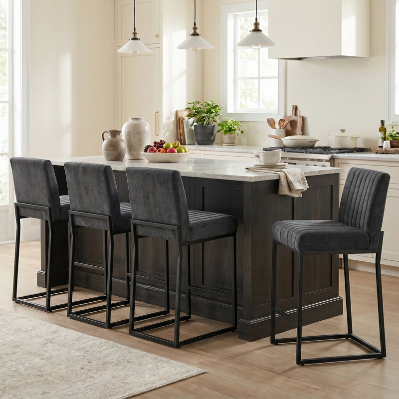 26" Counter Height Bar Stools, Chenille Upholstered, Industrial Metal Frame, Armless, Set Of 4, Dark Gray, 4