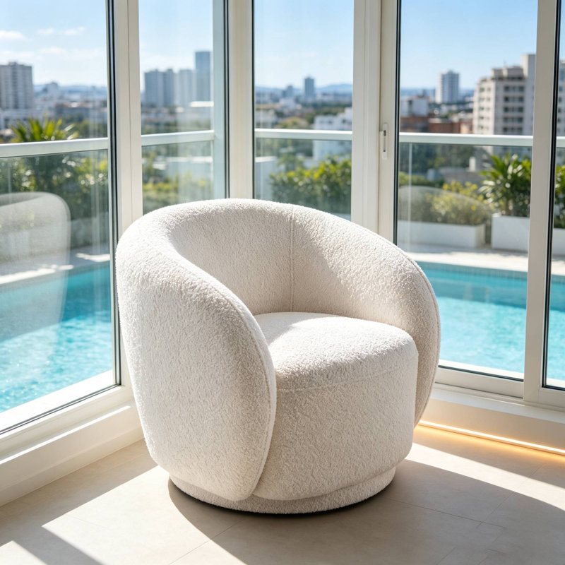 Fauteuil demi-tonneau pivotant avec siège large rembourré 360 ° Boucle, Blanc, 1