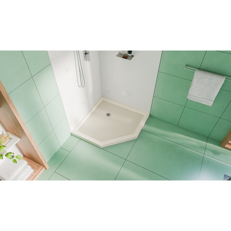 DreamLine SlimLine 36 inch D x 36 inch W x 2 3/4 inch H Biscuit Neo-Angle Shower Base with 2 inch Polished Nickel Corner Round Drain