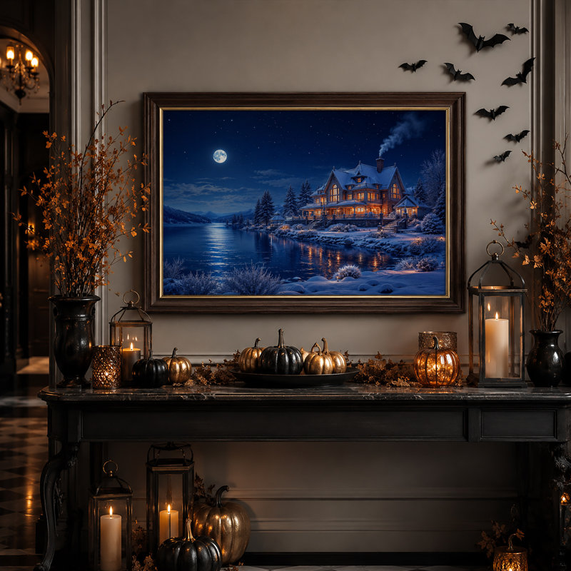 Maison enneigée se reflétant dans un lac sous la pleine lune - Toile murale d'Halloween, H 12 po x l 18 po