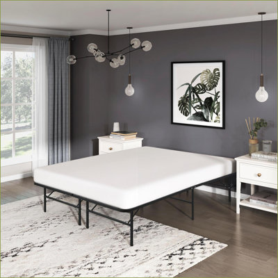 Queen Size Black Metal Platform Bed Frame - 14” High Profile, Foldable, Tool-Free Assembly for Rental/Guest Room