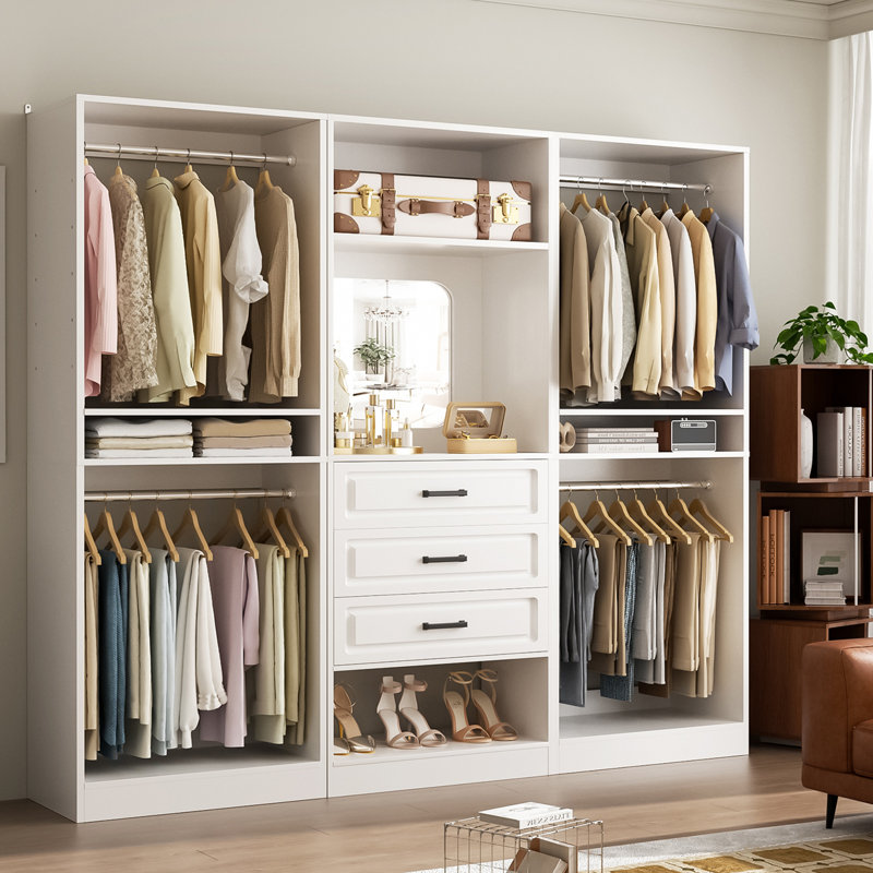 Freestanding Closet System with Drawers, Adjustable Closet Organizer with Hanging Rods and Shoe Racks, White