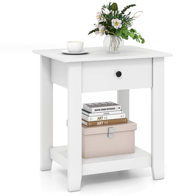 Nightstand with Drawer 3-Tier Modern Bedside Table with Open Shelf Storage White