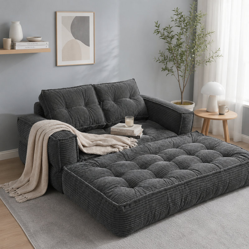 Canapé double modulable en velours côtelé avec méridienne convertible, coussins profonds et siège au sol flexible, Gris