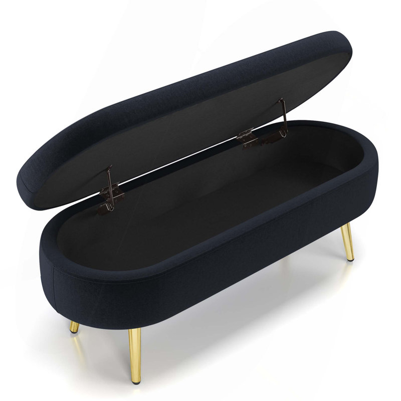 43.5-Inch Flannel Oval Storage Ottoman Bench With Metal Legs, Black