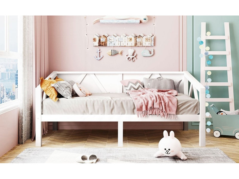 Lit de jour simple avec pieds en pin massif, sans sommier, stable et durable, Lit simple, Blanc