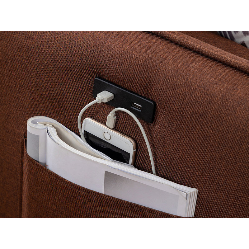 Mia 70" Brown Sectional Sofa Chaise With USB Charger & Pillows