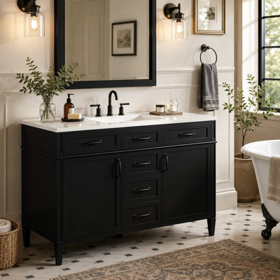 Meuble-lavabo autoportant simple de 48 po avec comptoir en composite, 4 tiroirs, 2 portes et charnières à fermeture douce