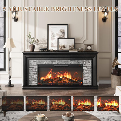 Meuble télé 70 po pour téléviseur de 80 po ou moins, centre de divertissement de style campagne moderne avec manteau de cheminée électrique de 42 po, console multimédia dissimulée à 3 tiroirs avec luminosité réglable et faible bruit