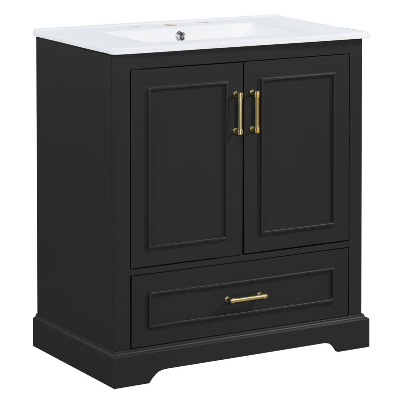 Meuble-lavabo de salle de bain avec lavabo en céramique, tiroirs compartimentés, portes à fermeture en douceur et tablette d'armoire