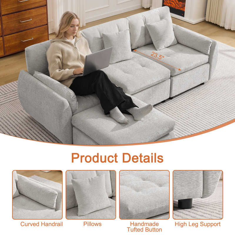 Ensemble de canapé modulaire avec repose-pieds capitonné et dossier coussiné, Chenille gris pâle