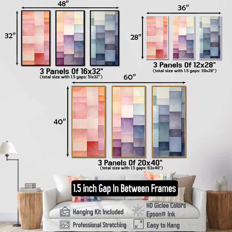 Motif de cubes multicolores III - art mural géométrique, Cadre flottant noir, H 32 po x l 48 po x P 1 po