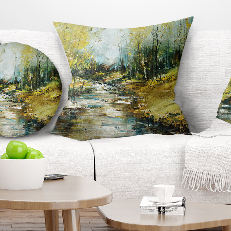 Coussin de peinture à l'huile Schafer Landscape Creek in the Forest, 18 po x 18 po, Coussin décoratif