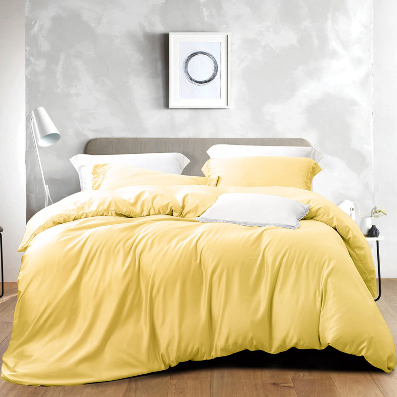 3 Pieces Duvet Cover Set, Satin Comforter Cover Set with Hidden Zipper Design - NTBAY, Queen Duvet Cover + 2 Shams, Yellow