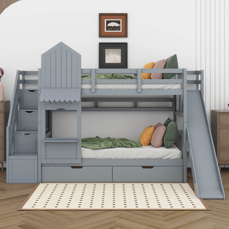 Lit superposé simple au-dessus d'un lit simple de style château avec 2 tiroirs et 3 tablettes, structure de lit superposé en bois avec glissière et escalier de rangement