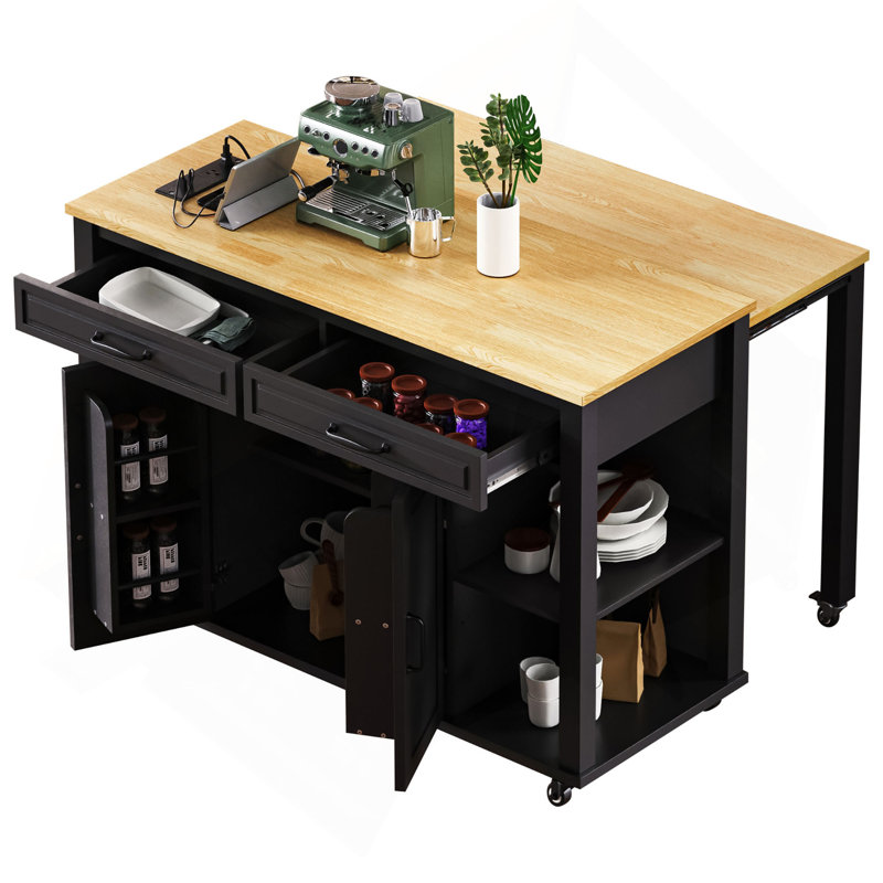 47 inch Kitchen Island with Extendable Dining Table, Rubber Wood Veneer Kitchen Table with Internal Storage Rack, Power Outlet, Kitchen island with Storage 2 Drawers 2 Cabinet