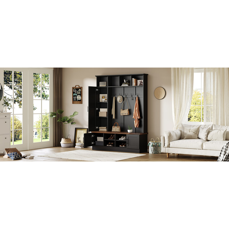 3-In-1 Hall Tree With 6 Hooks, Farmhouse Walnut Storage Bench With Adjustable Shelves, 55"W Modern Entryway Coat Rack With Multiple Storage Space