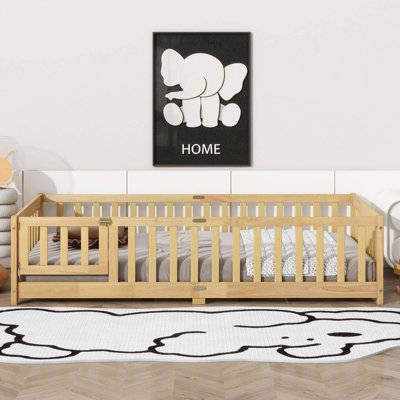 Multi-Functional Rubber Wood Floor Bed with Safety Fence and Door