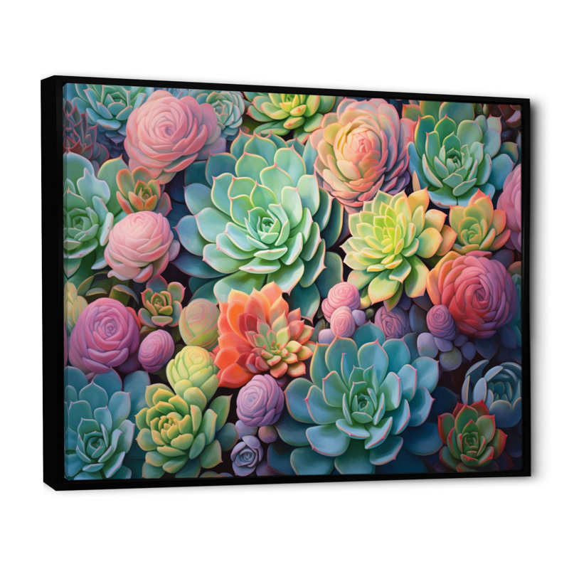 Vert, bleu, plantes grasses, succulentes, rêves II, Cadre flottant noir, H 24 po x l 32 po x P 1 po