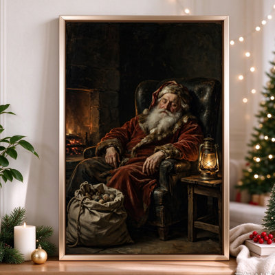 Père Noël au coin du feu, art mural noir sur toile, 16 po x 24 po, décoration murale moderne pour le salon et la chambre à coucher
