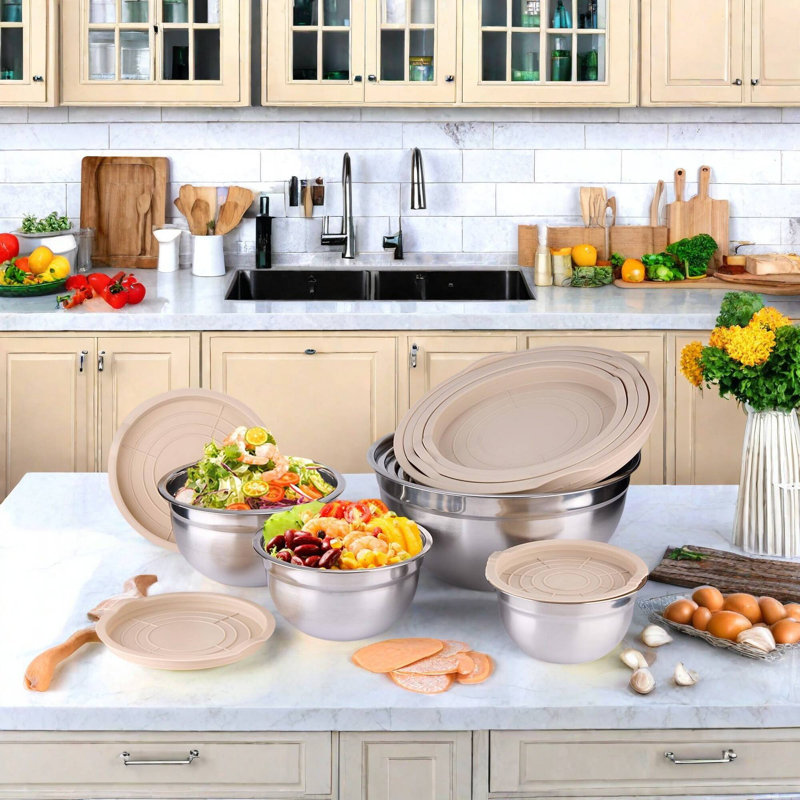 Ensemble d'ustensiles de cuisine 32 pièces en acier inoxydable avec bol à mélanger 7 pièces avec couvercles 32 pièces, Kaki