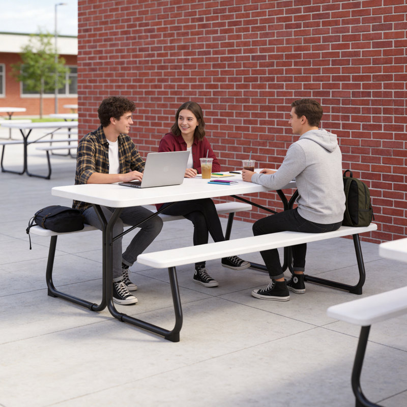 Table de pique-nique en PEHD de 6 pi avec bancs attachés, table de pique-nique d'extérieur robuste pour 6 à 8 personnes, structure en acier d'une capacité de 600 lb pour la cour arrière