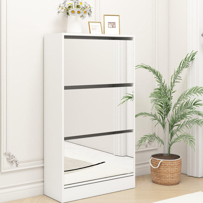 Armoire de rangement étroite pour chaussures avec miroir, étagère à chaussures mince en bois à 3 niveaux pour la maison et appartement