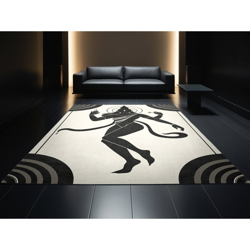 Machine Washable Newberry Shiva Art Deco Arc Rug in Beige – Black Binding, 7x10