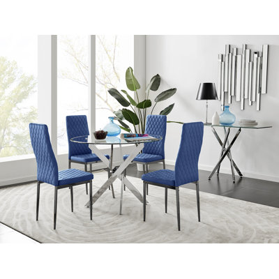Bernell Modern Chrome Metal & Glass Round Dining Table Set with 4 Quilted Velvet Chairs