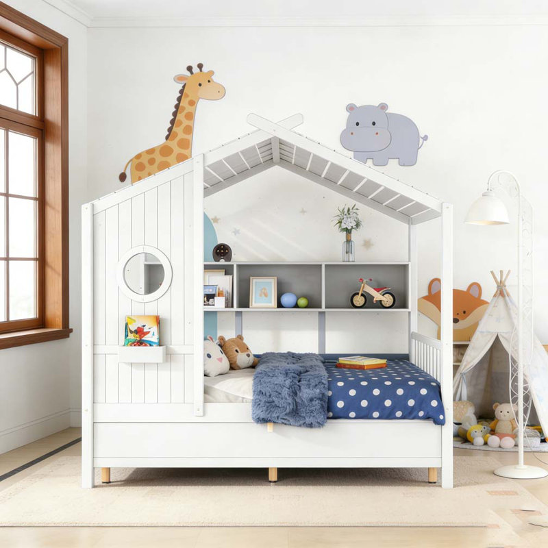 Lit simple en bois avec 2 tiroirs, Blanc, Lit simple