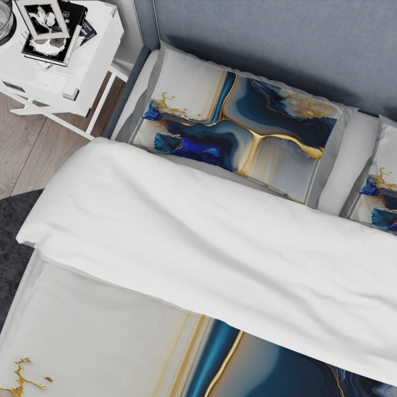 Forme géométrique abstraite en marbre doré et bleu I - ensemble de housse de couette moderne - microfibre de polyester